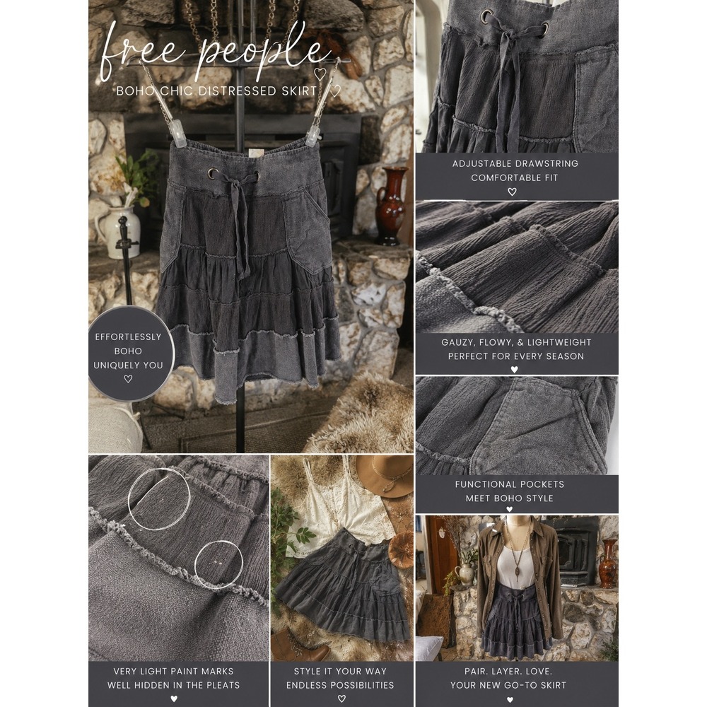 Free People Distressed Gauze Tiered Mini Skirt Charcoal Grey Boho Pockets Large
